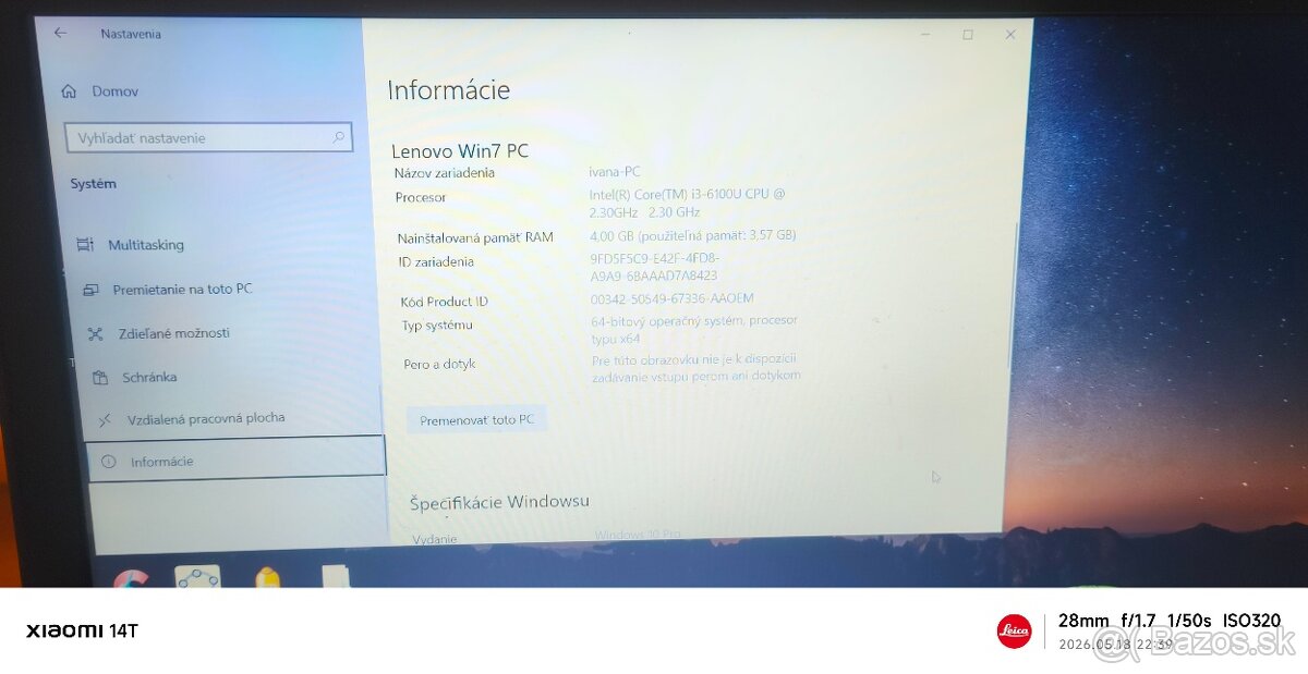 Predám notebook Lenovo V310-15ISK,CPU Intel Core i3-6100U - 10