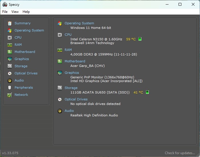 Acer ES1-131-C82S /Intel Celeron N3150/4GB RAM/HD/128GB SSD - 10