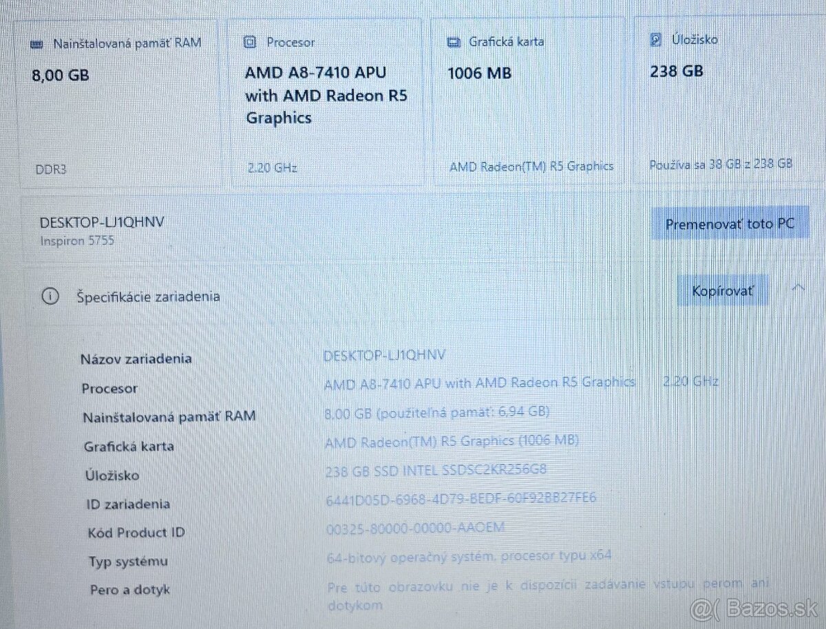 Dell Inspiron / AMD A8-7410 / 8GB RAM / 256GB SSD / 17.3" - 10