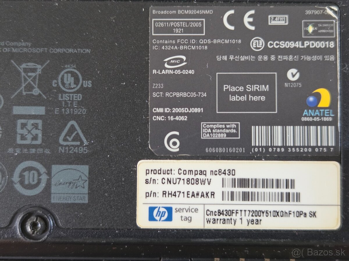 Predám nefunkčný notebook HP Compaq NC8430 - 10