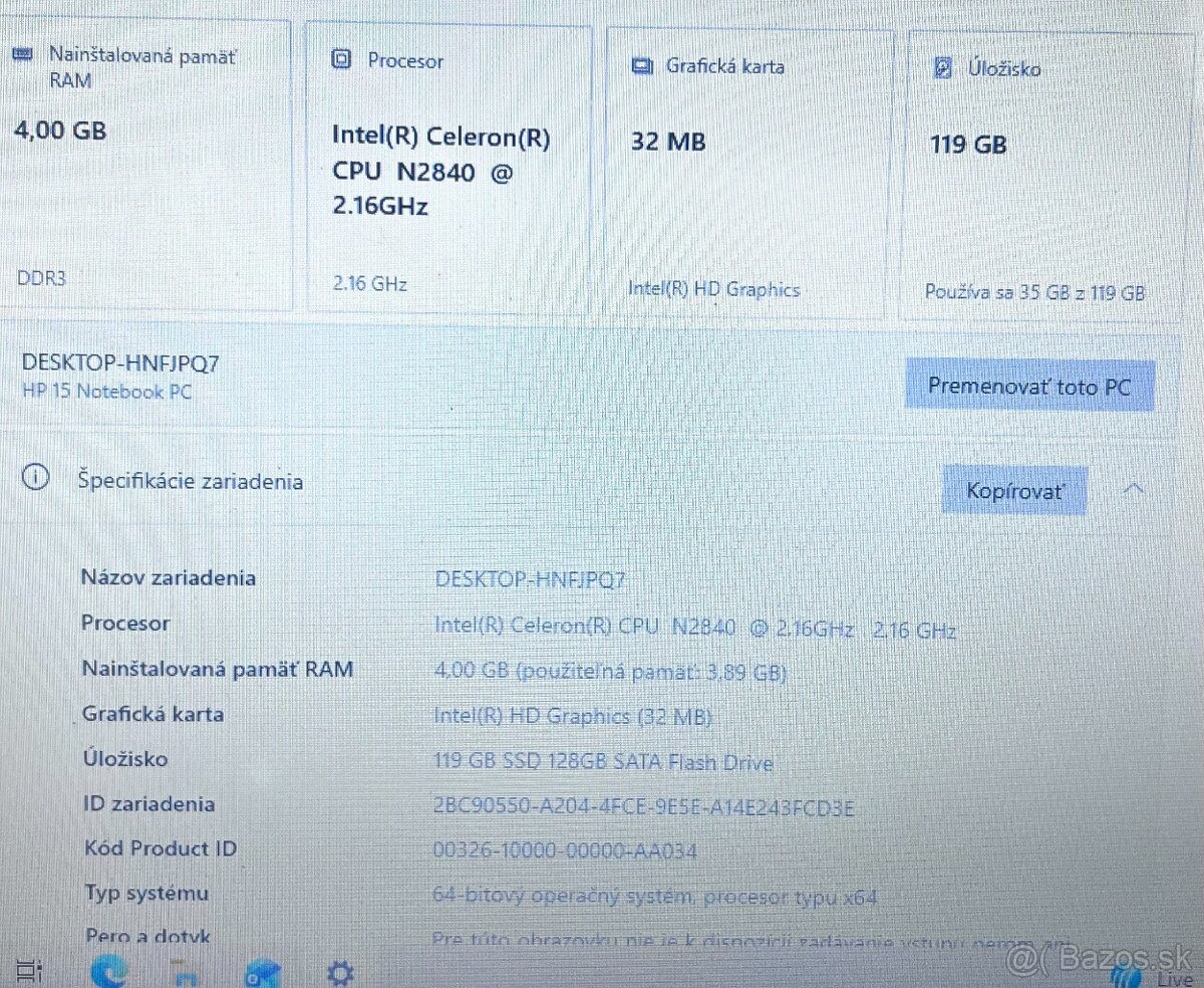 HP notebook / Celeron N2840 / 4GB RAM / 128GB SSD / 15.6" - 10