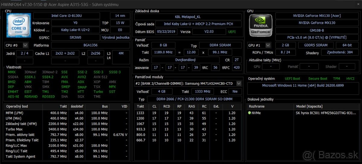 Acer Aspire 3 A315-53G /i3-8130U/8GB RAM/FHD/256GB SSD/MX130 - 10