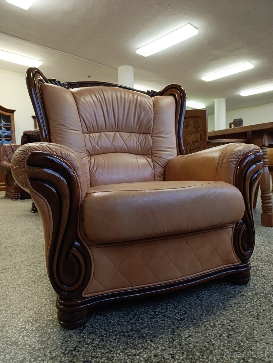 Rustikální kožené křeslo, masív, Nábytek s příběhem - 10