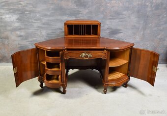 ROHOVÝ PÍSACÍ STÔL – UNIKÁT, MASÍVNY ORECH, PO RENOVÁCII, - 10