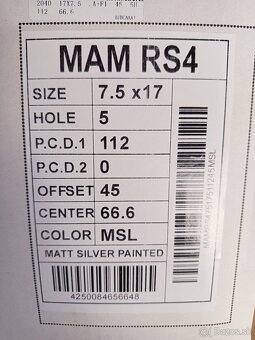 Alu disky R17 5x112 7.5J ET45 A Et35 MAM RS4 Audi Škoda Vw - 10