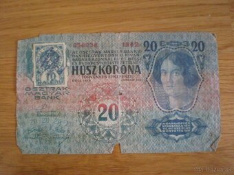 Bankovky 20 korún z roku 1913; 5 korún z roku 1919 - 10
