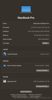 MacBook Pro 2019 16" - 2.4 GHz, 8TB SSD, 64GB Ram, 8GB VRAM - 10