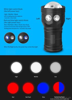 Výkonná podvodná LED baterka,vodotesná IPX-8,80m,Red,Blue,Wh - 10