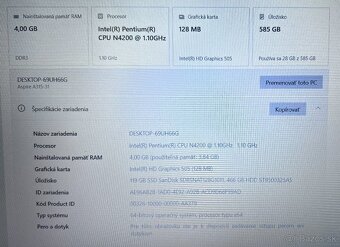 Acer Aspire 3/ Intel 4 jadro / 4 GB RAM / SSD+HDD/ 15.6"FHD - 10