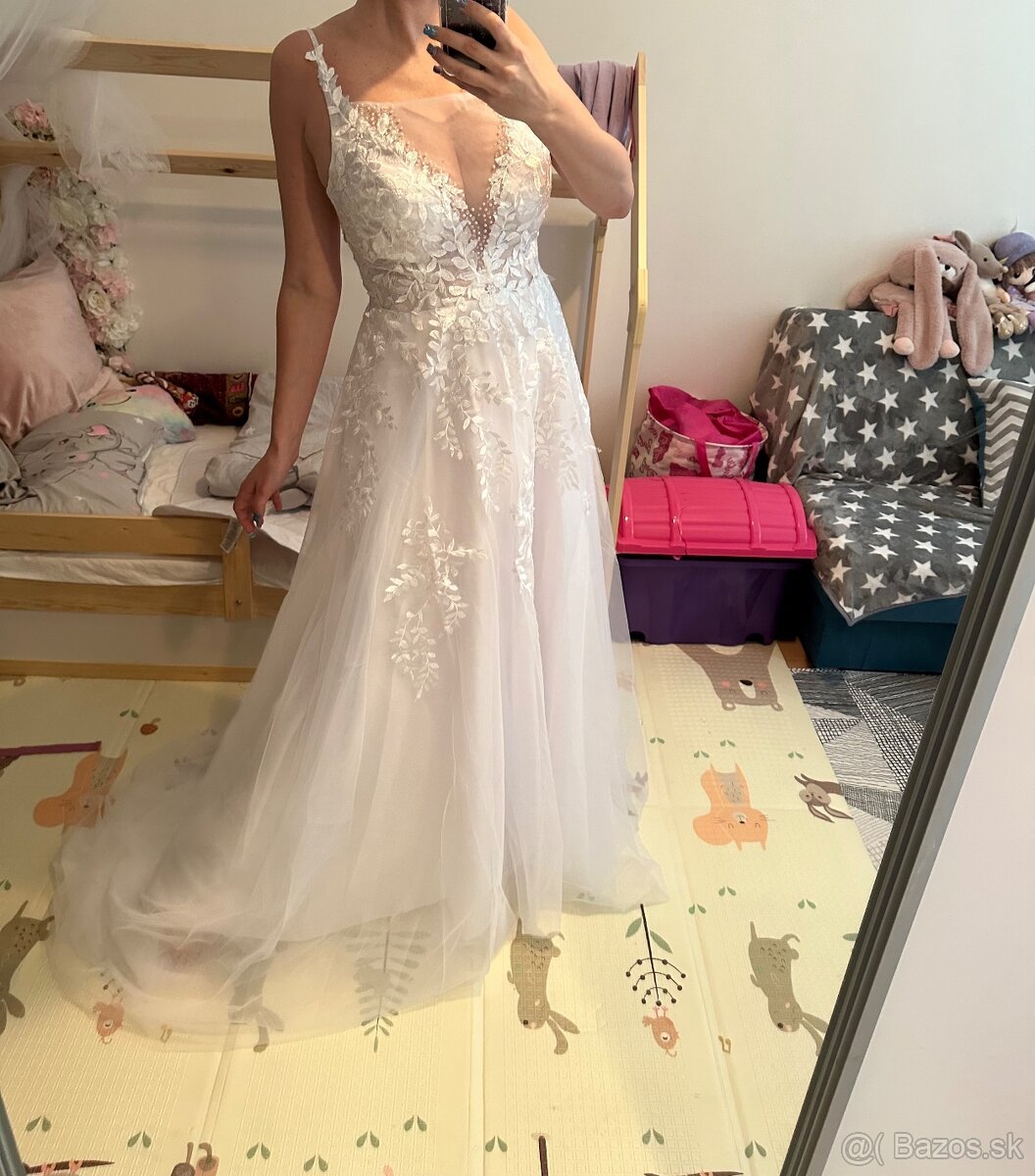 Krasne nové nenosené svadobné biele šaty na ramienka, 36 - 11