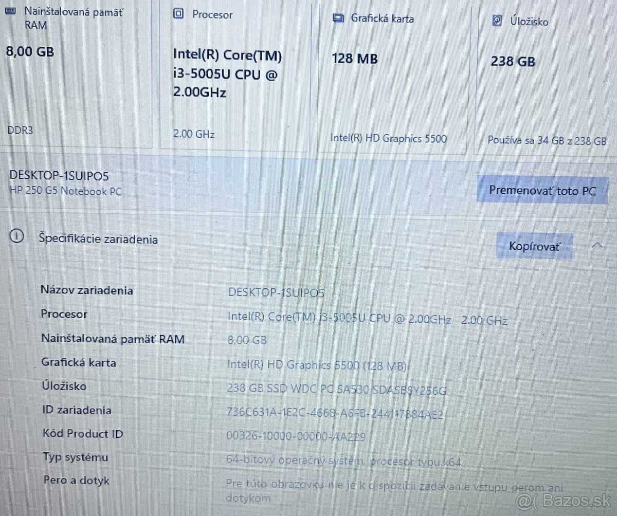 HP 250 G5 / i3 5005U / 4GB RAM / 256 GB SSD / 15.6" - 11