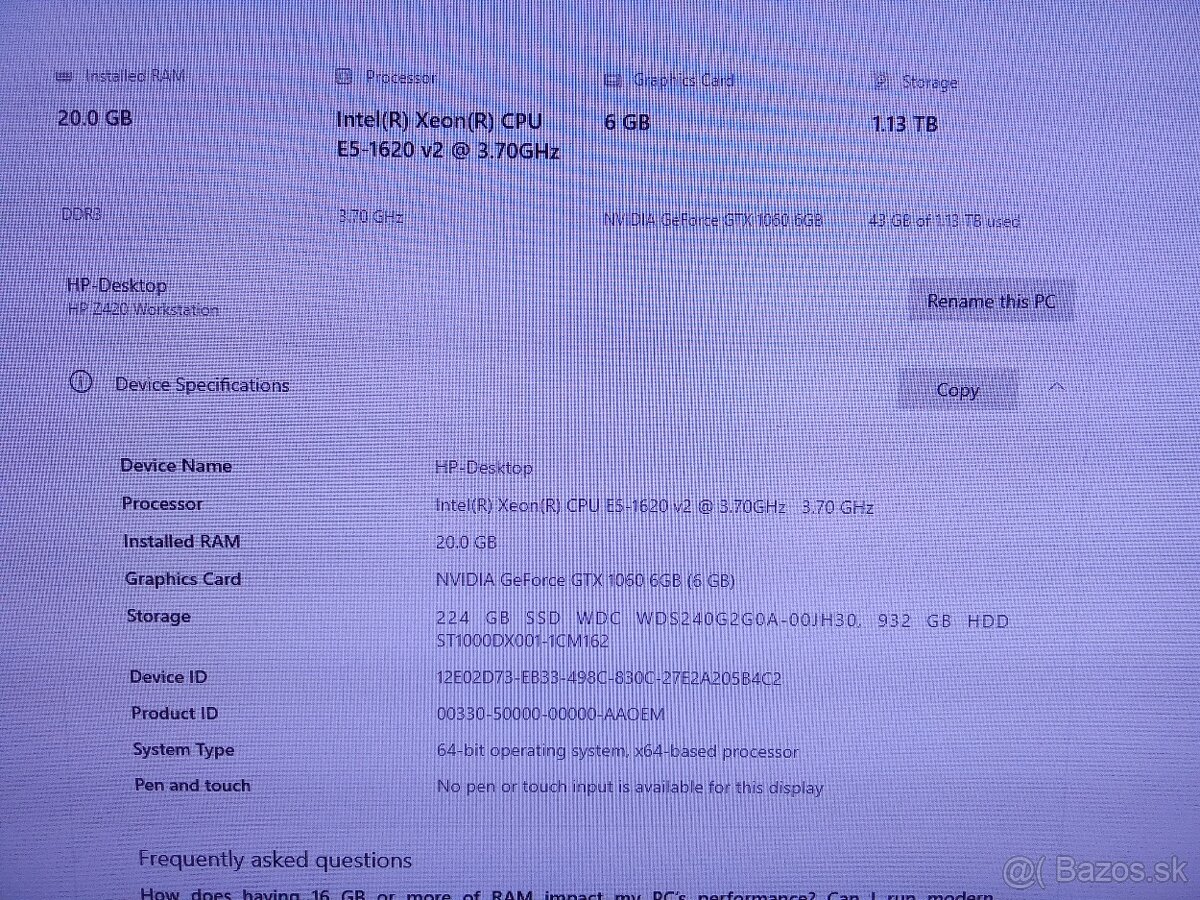 HP Z420, 20GB RAM, Nvidia GTX1060 6GB, SSD+1TB HDD - 11