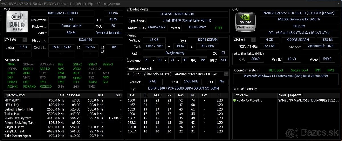 ThinkBook 15p /i5-10300H/16GB RAM/UHD/512GB SSD/GTX 1650 Ti - 11