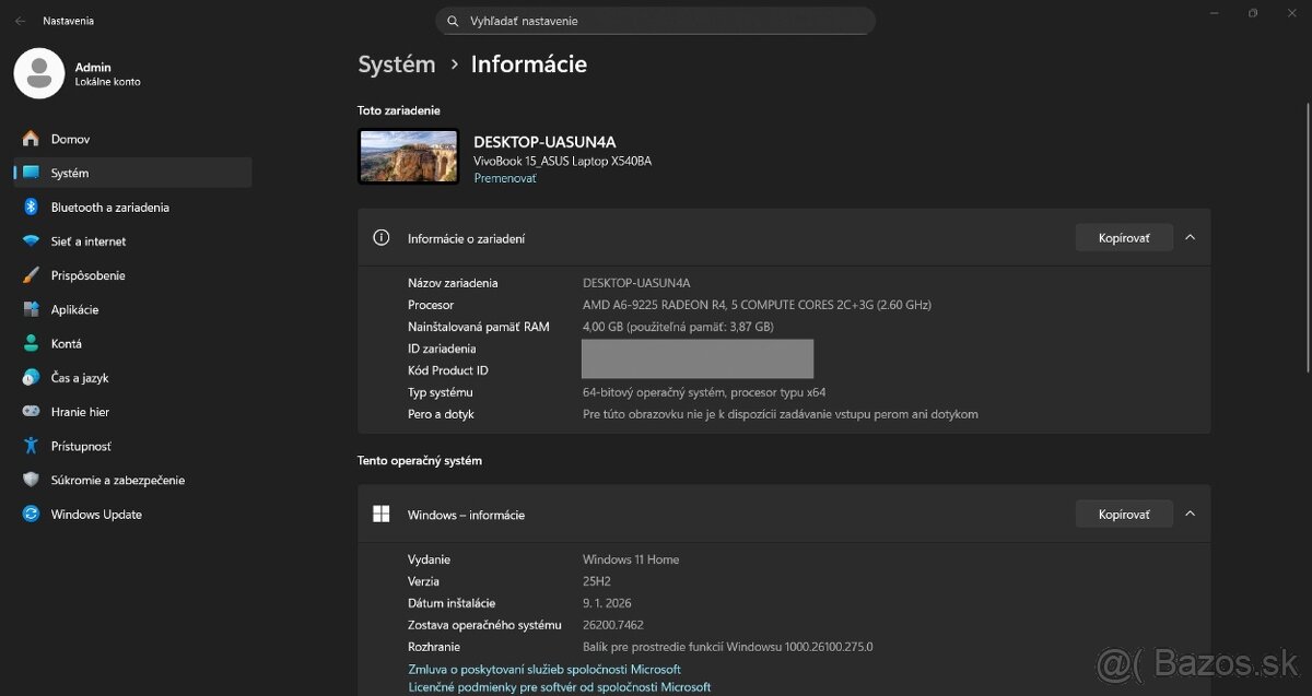 Asus Vivobook X540BA /AMD A6-9225/4GB RAM/FHD/256GB SSD - 11