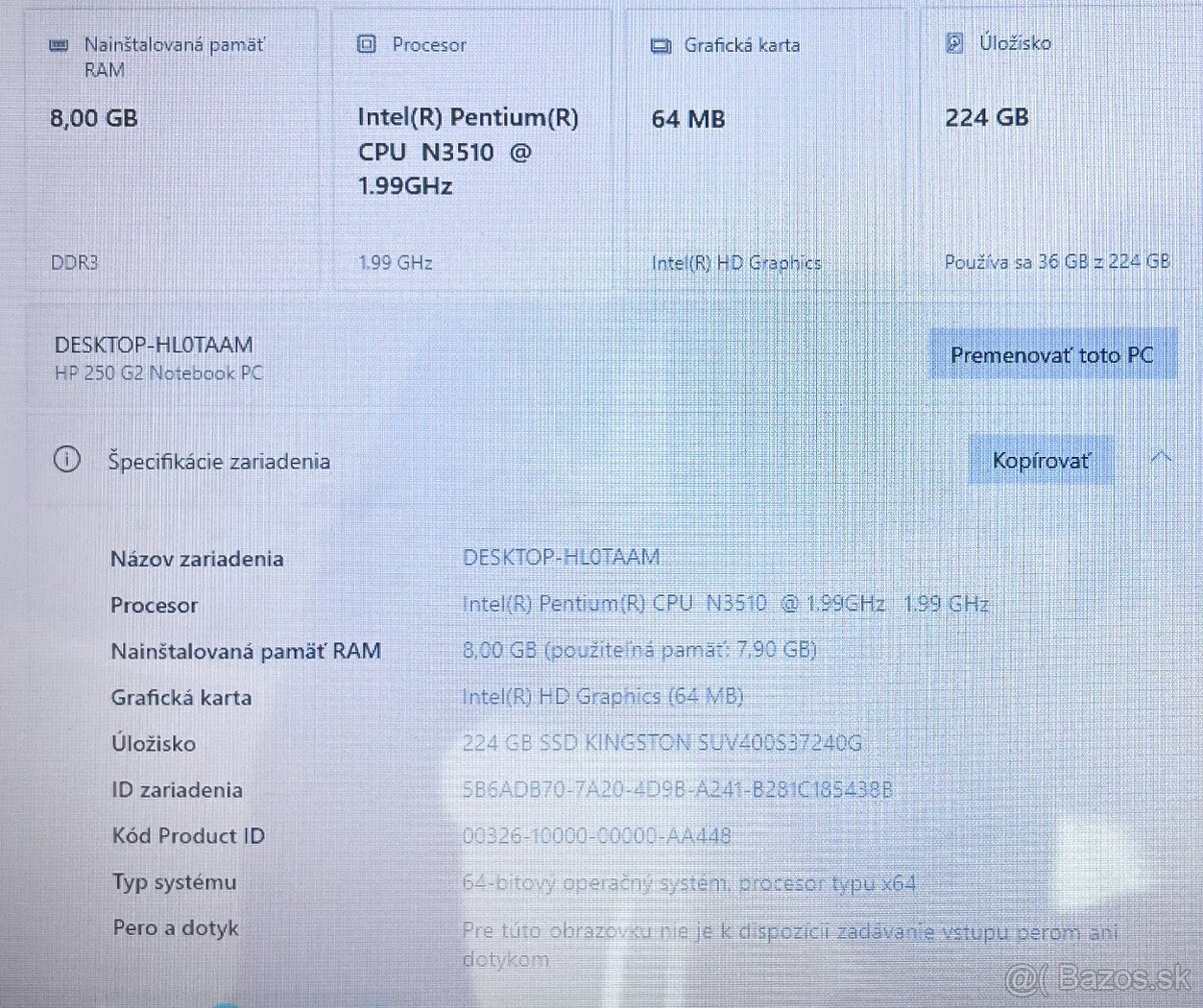 HP 250 G2 / Intel 4-jadro / 8GB RAM / 240GB SSD / 15.6" - 11