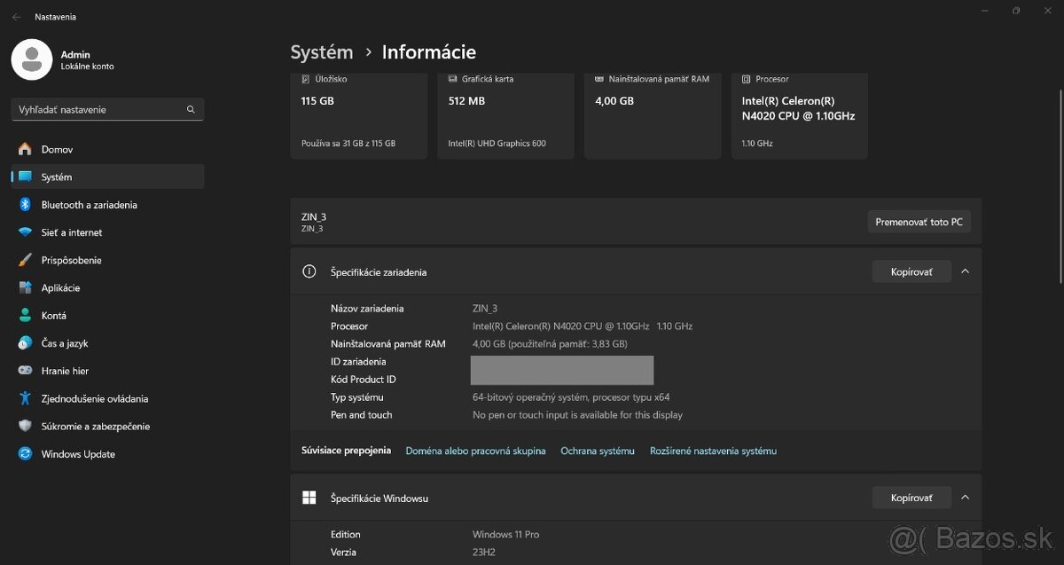 Techbite Zin 3 /Intel N4020/4GB RAM/FHD/128GB SSD/Podsv. kl. - 11