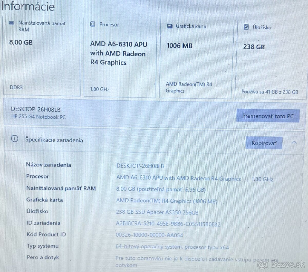 HP 255 G4 / AMD 4-jadro / 8GB RAM / 240GB SSD / 15.6" - 11