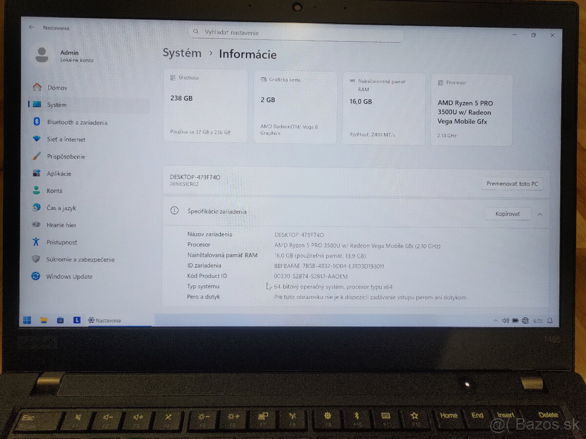 Lenovo ThinkPad T495 – Ryzen 5 PRO, 16GB RAM, 256GB SSD, 14″ - 11