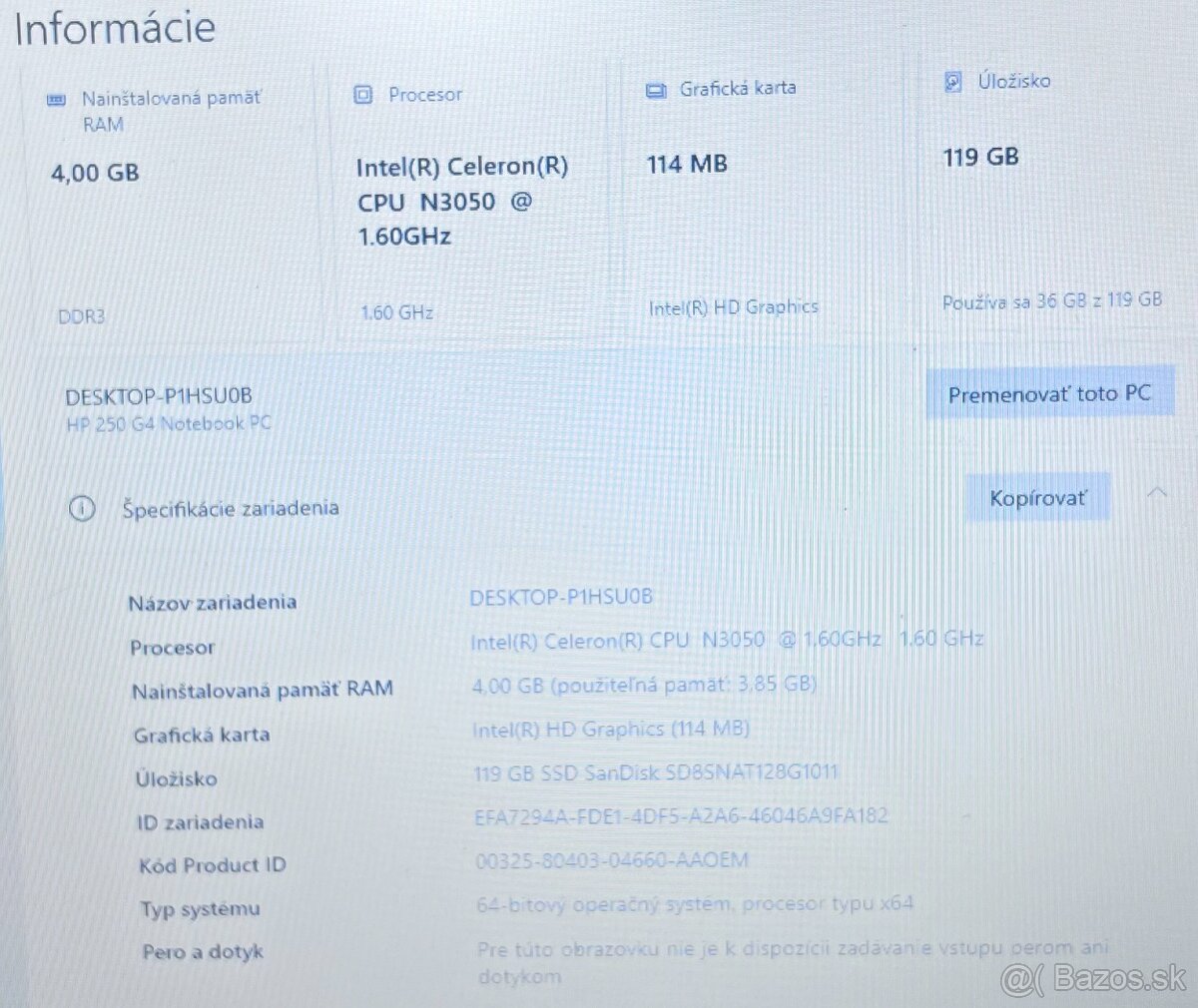 HP 250 G4 / Intel N3050 / 4GB RAM / 128GB SSD / 15.6" - 11