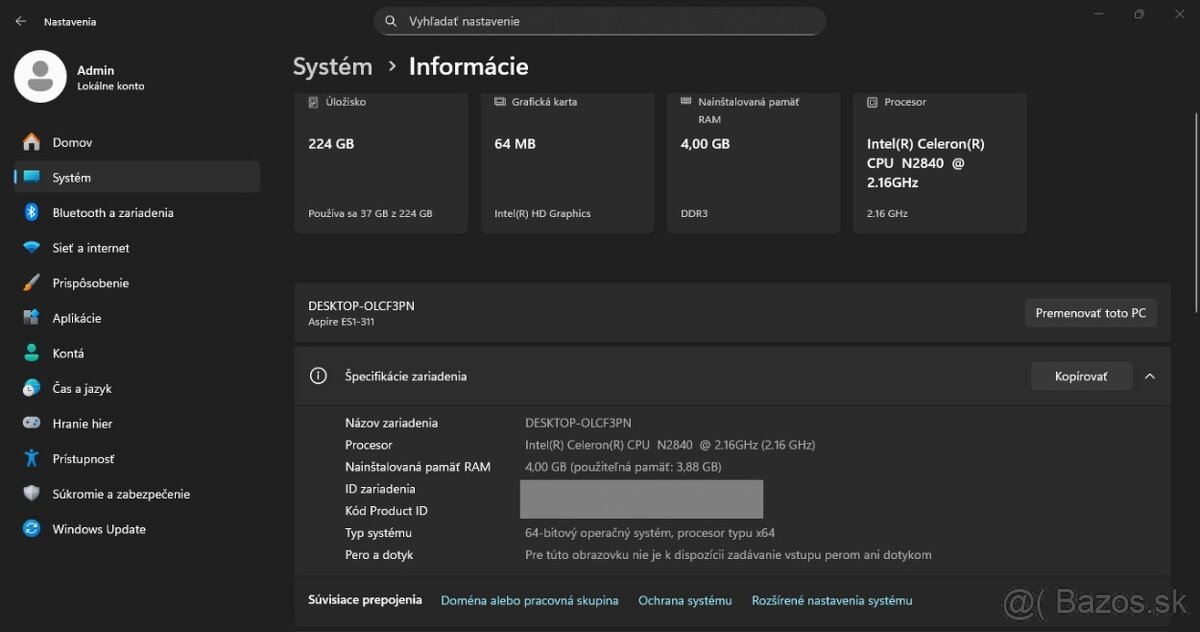 Acer ES1-311-C1FH /Intel Celeron N2840/4GB RAM/HD/240GB SSD - 11
