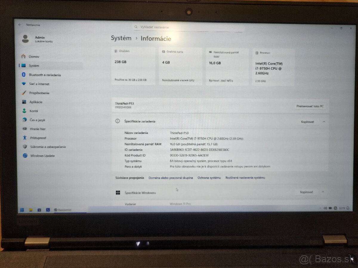 Lenovo ThinkPad P53 – i7-9750H, Quadro T1000 4GB, 16GB RAM - 11