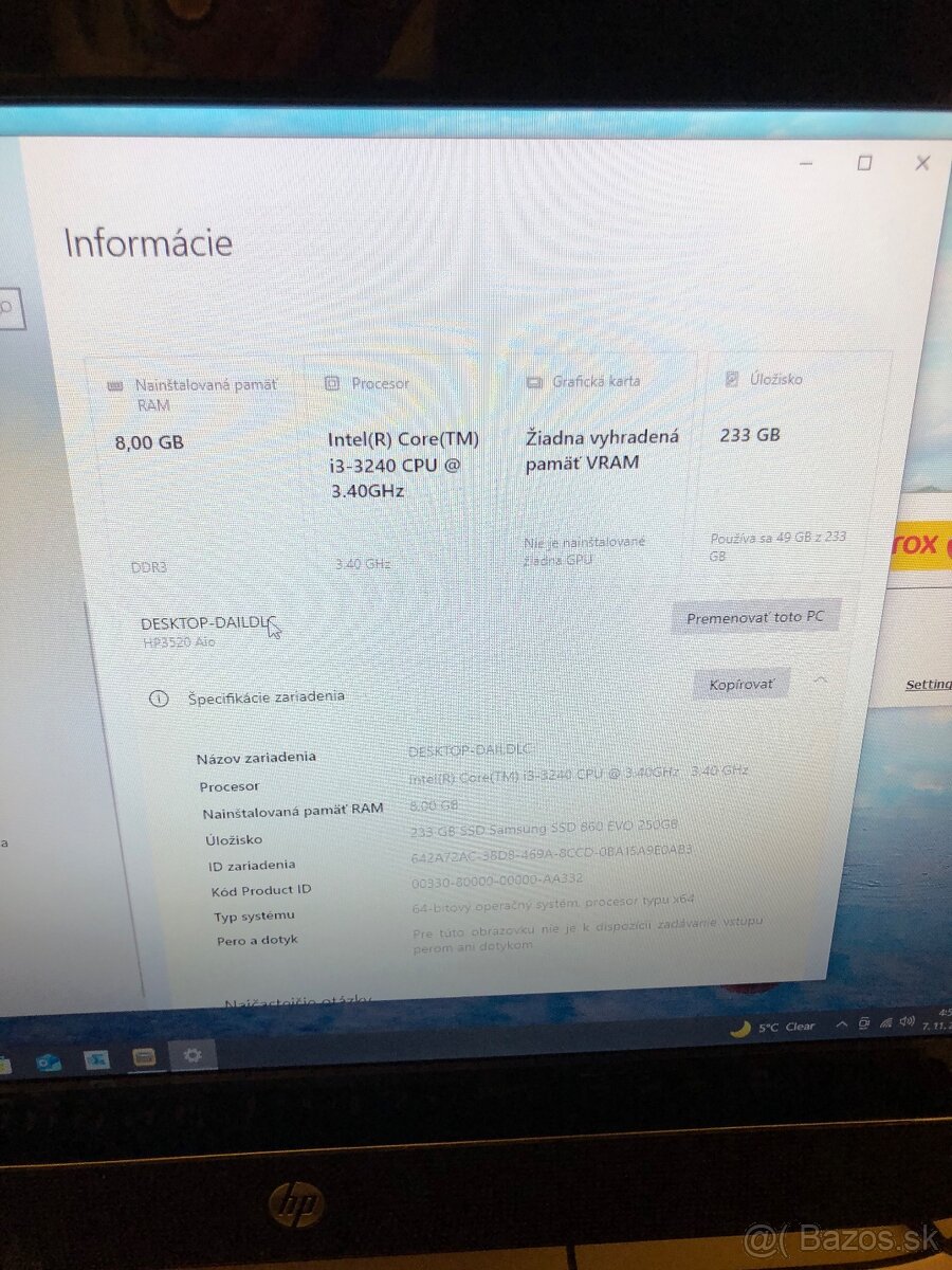 Predám kompaktný PC HP pro 3520 zabudovaný v monitori - 11