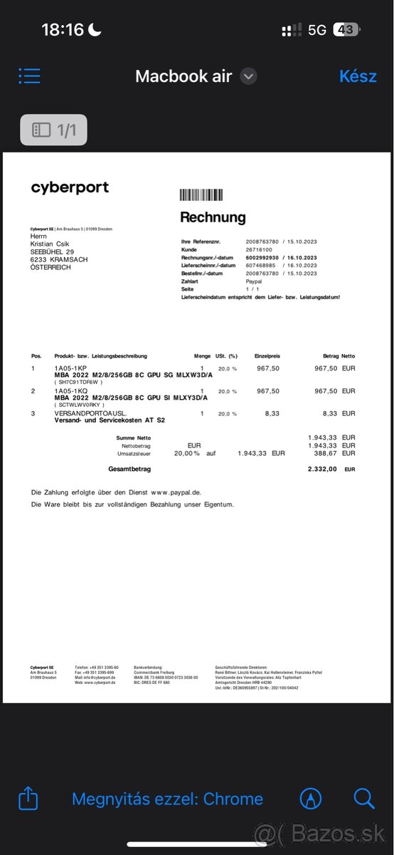 Apple Macbook Air M2 13,6” 256GB - 11