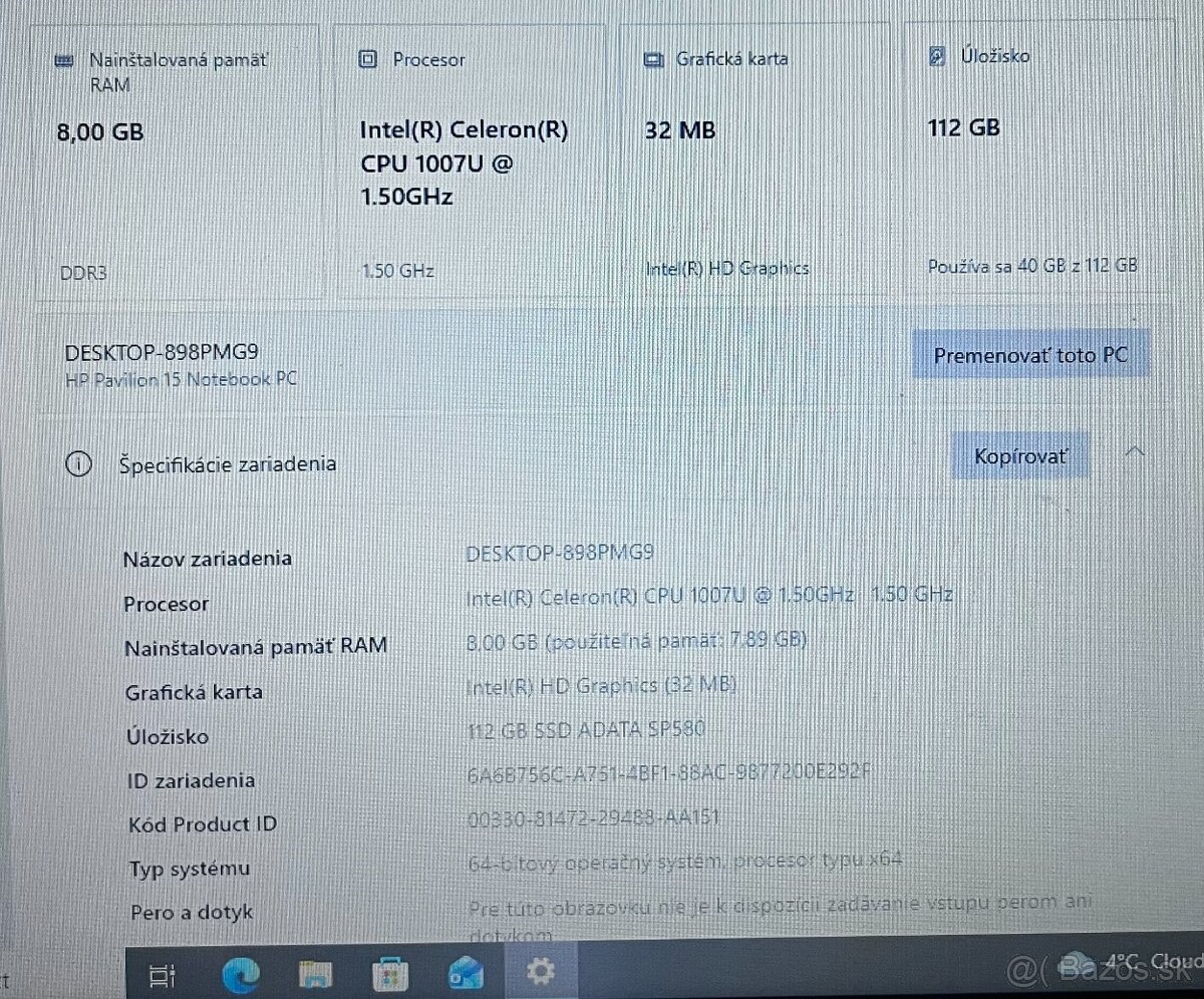 HP Pavilion / Celeron 1007U / 8GB RAM / 120GB SSD / 15.6" - 11