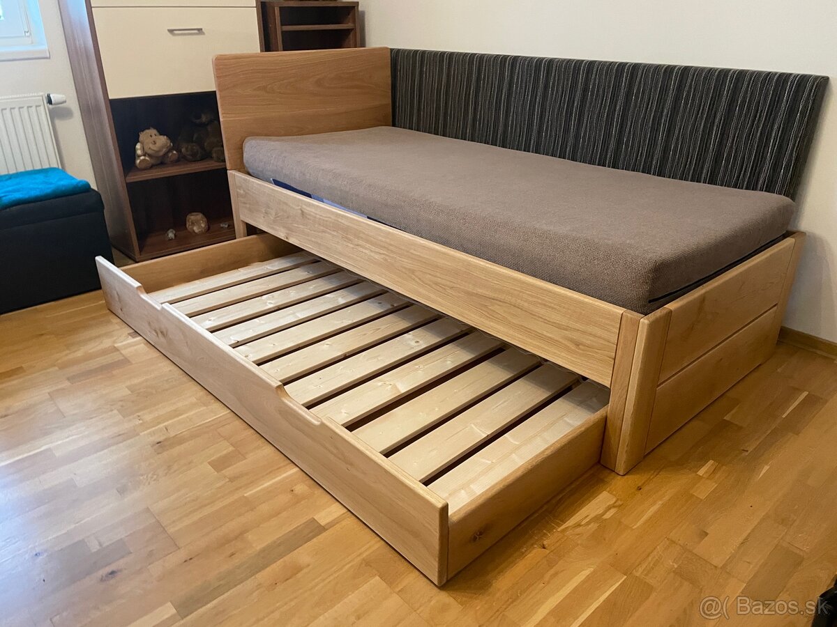 Dubová posteľ 90x200cm s výsuvným lôžkom - 11