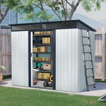 Záhradný domček 196x122x180 cm sivý s oknami a zelený bez - 11