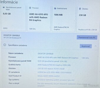 HP 255 G4 / AMD 4-jadro / 8GB RAM / 240GB SSD / 15.6" - 11