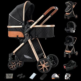 Nový kombinovaný kočárek 3v1 (černo-zlatý) - 11