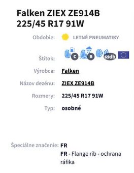 Letné pneu Falken 225/45 R17 s ochranou ráfika - 11