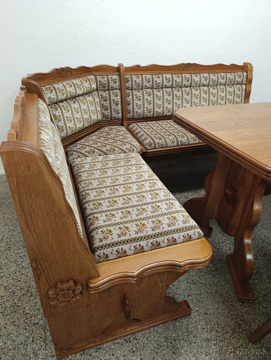 Rustikální jídelní kout, rohová lavice, stůl, křesla, židle - 12