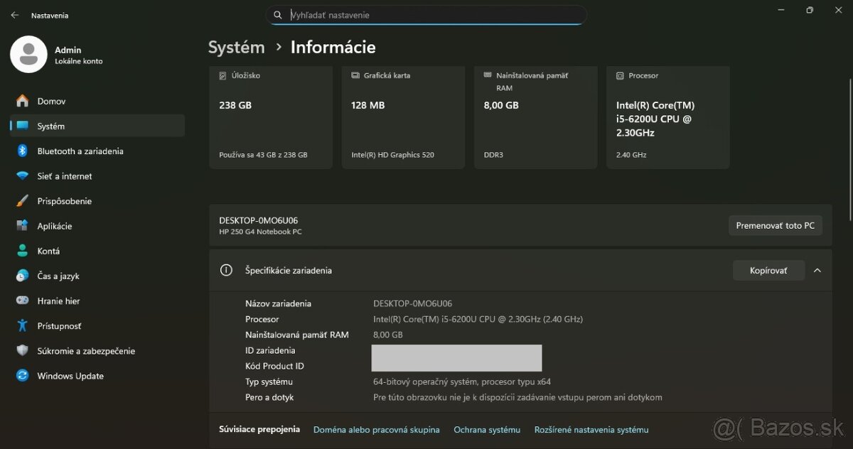 HP 250 G4 /Intel Core i5-6200U/8GB RAM/HD/256GB SSD - 12
