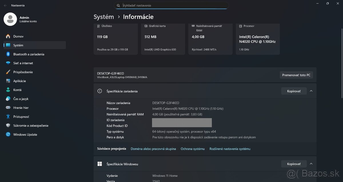 Asus E410MA /Intel N4020/4GB RAM/FHD/128GB SSD/Nová batéria - 12