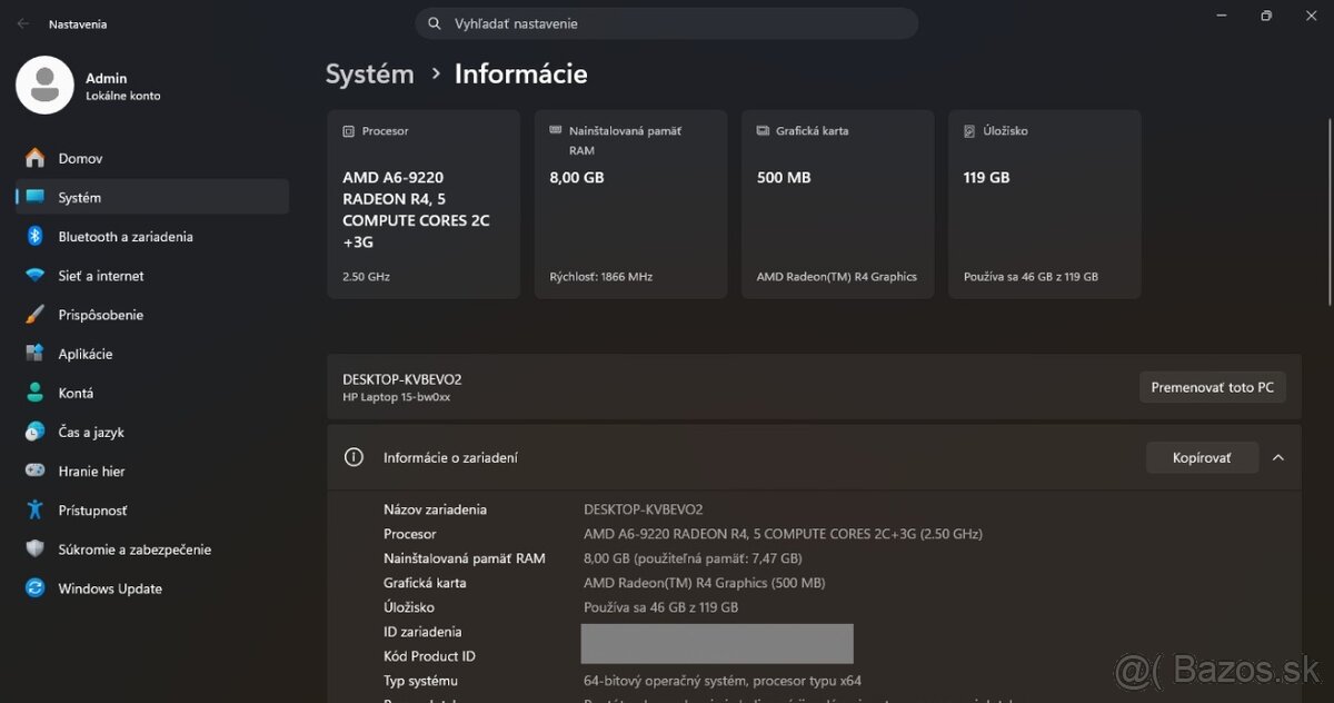 HP 15-bw050nc /AMD A6-9220/8GB RAM/HD/128GB SSD/Bat ok - 12