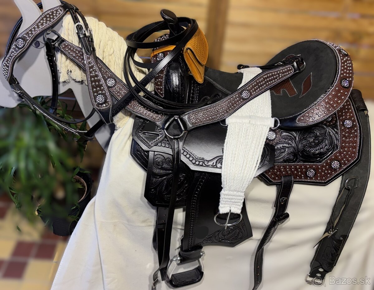 Westernový sedlový komplet 23) černé Floral hnědý krokodýl - 12
