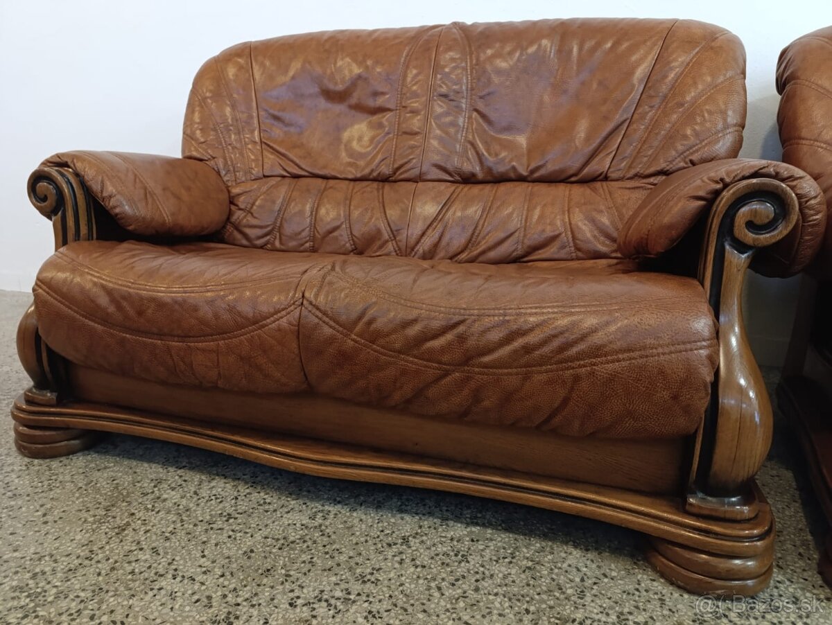 Kožená sedací souprava 3 + 2 + 1, nábytek z masívu - 12