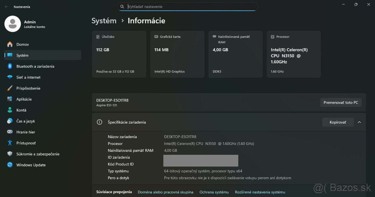 Acer ES1-131-C82S /Intel Celeron N3150/4GB RAM/HD/128GB SSD - 12