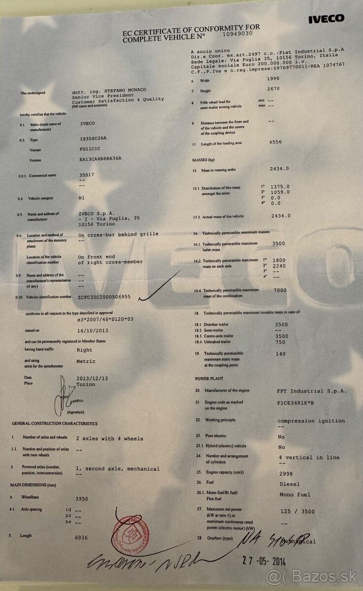 Iveco dodávka do 3,5t dĺžka 6,9m,typ motora:F1CE3481K B - 12