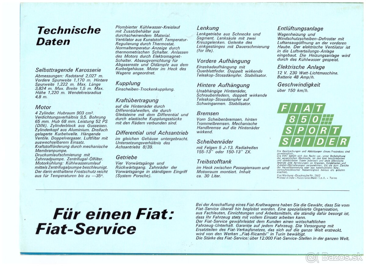prospekty FIAT: 1100, 500L, 850 SPORT SPIDER, 850 - 12