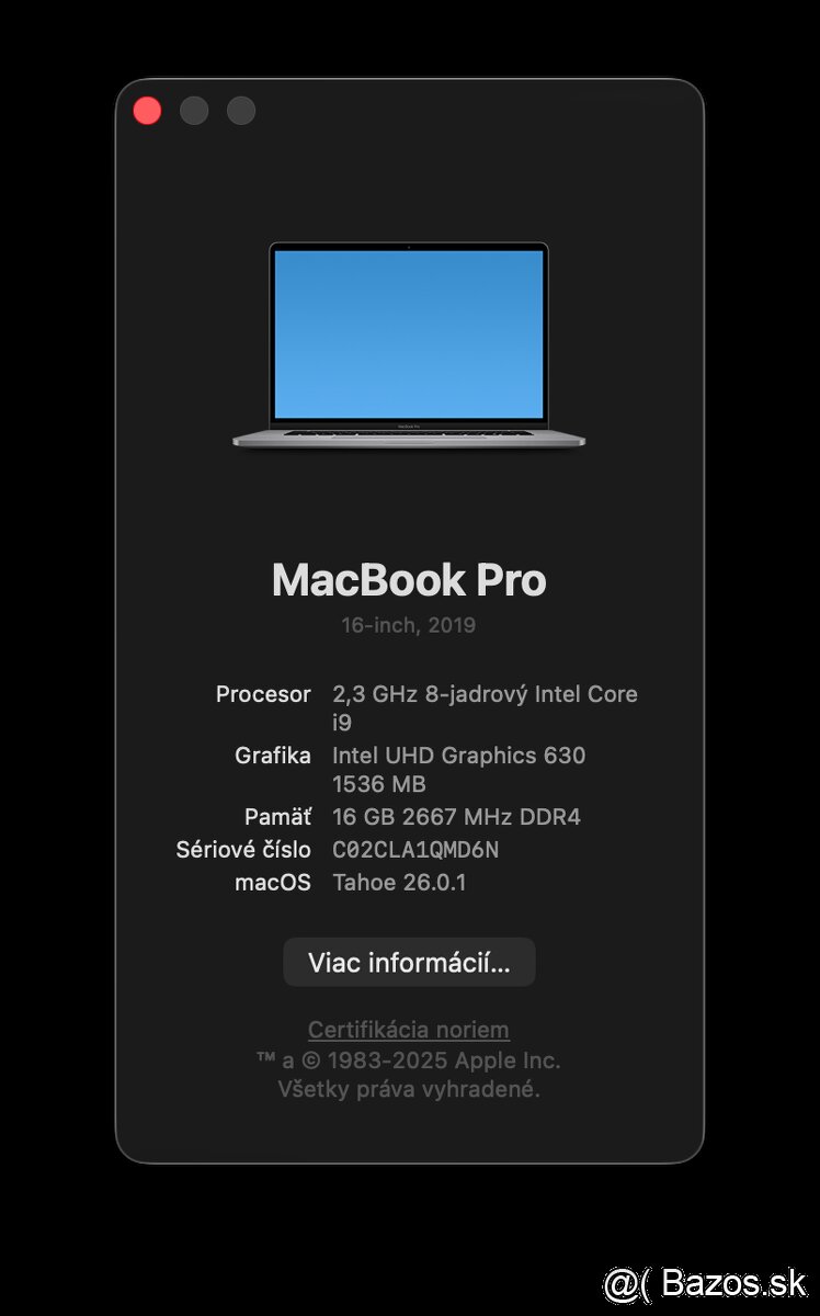 Predám Apple MacBook Pro 16, i9, 16GB, 1TB - 12