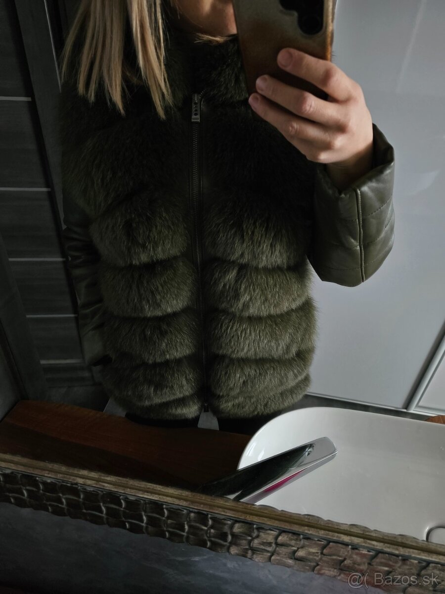 Khaki kožuch z líšky a pravej kože - 12