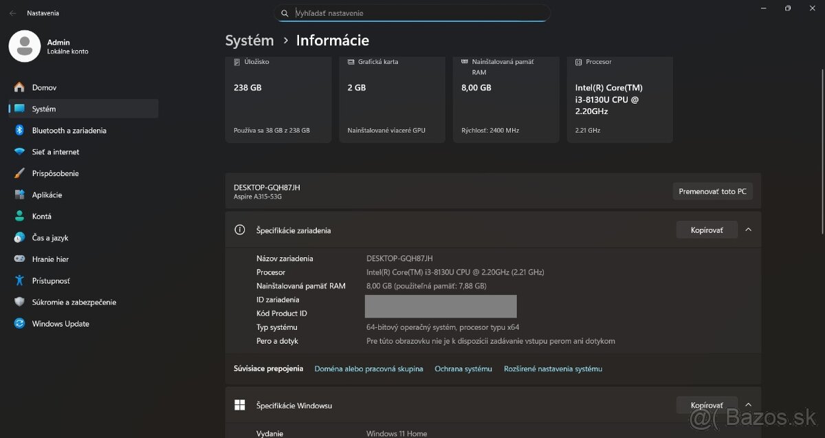 Acer Aspire 3 A315-53G /i3-8130U/8GB RAM/FHD/256GB SSD/MX130 - 12