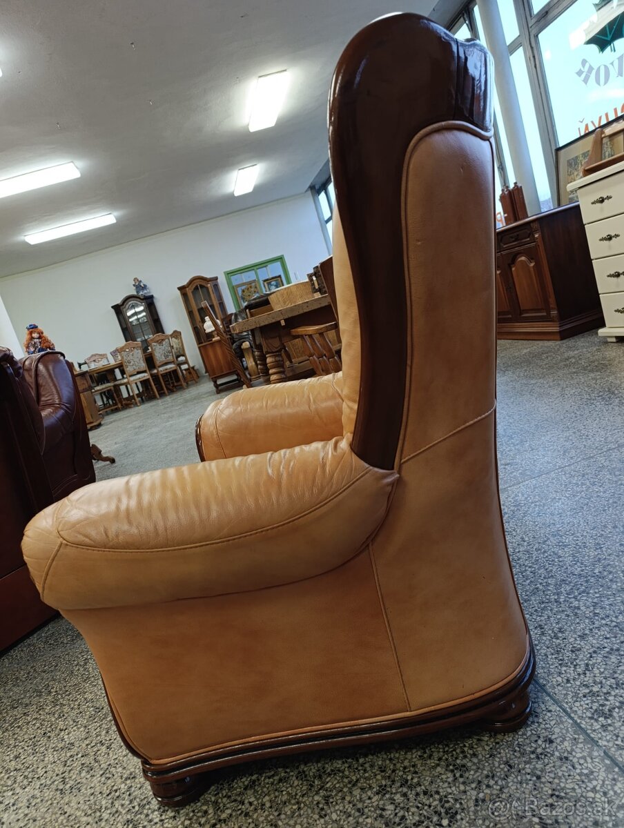 Rustikální kožené křeslo, masív, Nábytek s příběhem - 12