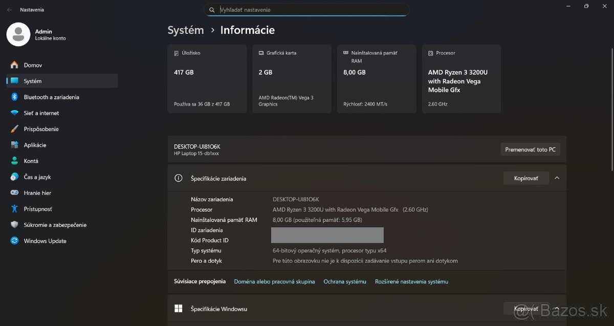 HP 15-db1501nc/AMD Ryzen 3-3200U/8GB RAM/FHD/SSD+HDD - 13