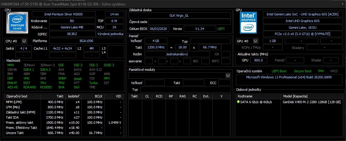 Acer Travelmate Spin /Intel N5000/4GB RAM/FHD touch/128GB - 13