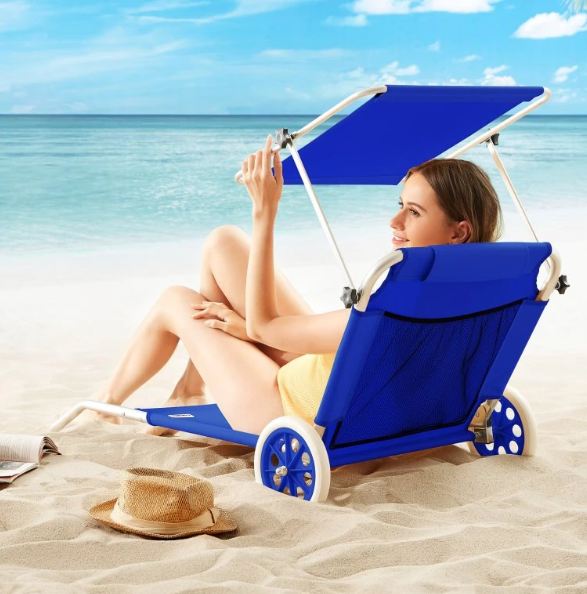 Hliníkové záhradné lehátko s kolieskami modré a béžové - 13