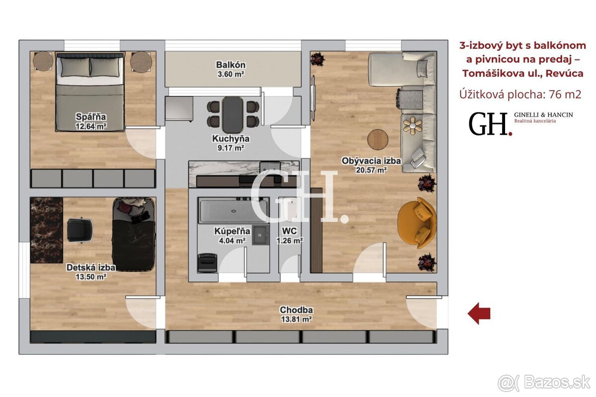 3-izbový byt s balkónom a pivnicou na predaj – Tomášikova ul - 13
